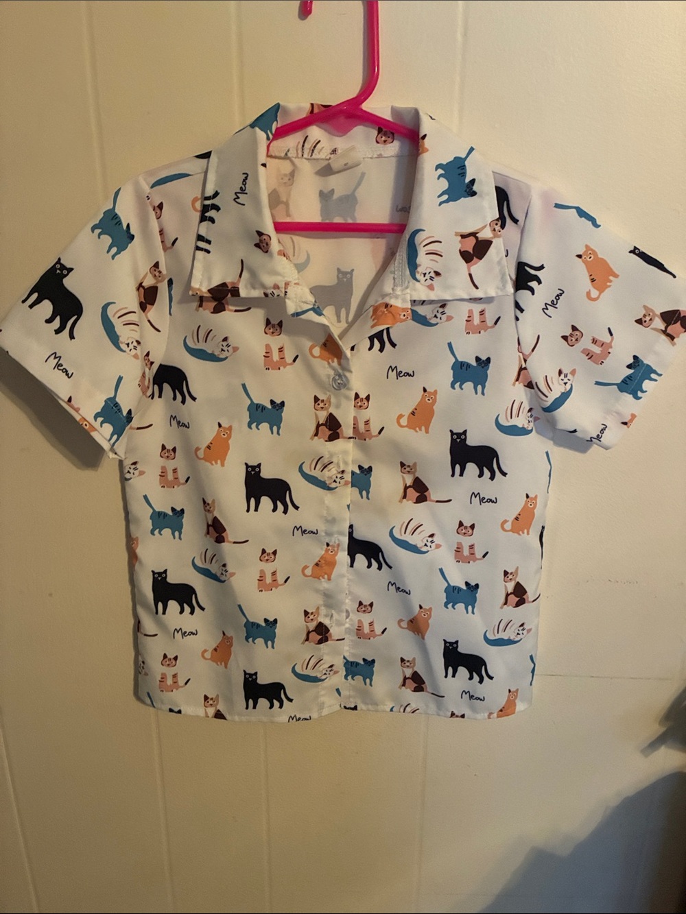 SHEIN White Short Sleeve Button Down Shirt with Blue, Black & Orange Cat Print